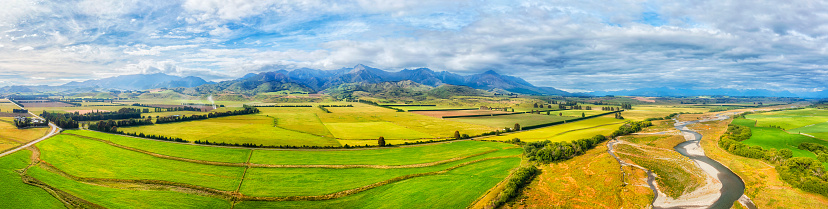 Scenic arial panorama over Mararoa river in The Key of New Zealand south island.
