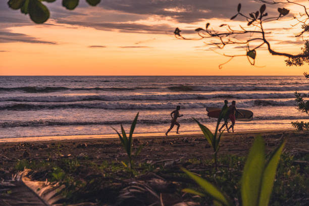 日没時にビーチに沿ってサーフボードを運ぶ2人のサーファー、ウビタビーチ、コスタリカ - costa rican sunset ストックフォトと画像
