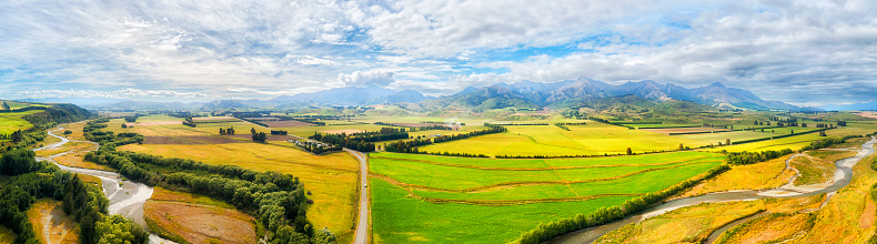 Scenic aerial panorama of Mararoa river valley in New Zealand South Island at Brunel peaks over highway 94.