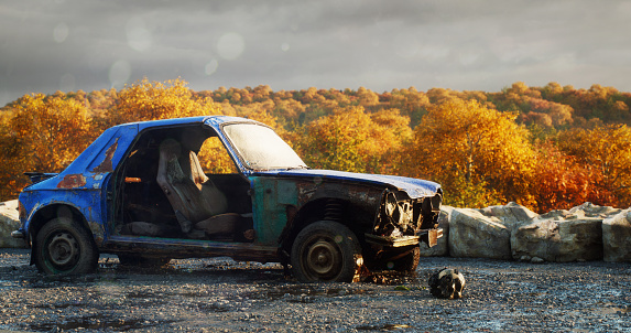 Digitally generated old car wreck and a crashed/damaged drone-like device fashioned from a human skull.\n\nThe scene was created in Autodesk® 3ds Max 2023 with V-Ray 6 and rendered with photorealistic shaders and lighting in Chaos® Vantage with some post-production added.