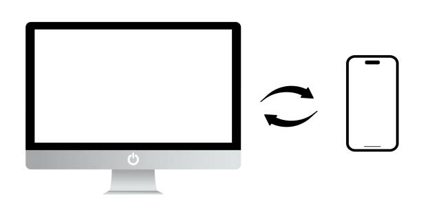 illustration of data exchange between a computer and a phone on a transparent background illustration of data exchange between a computer and a phone on a transparent background mac plus stock illustrations