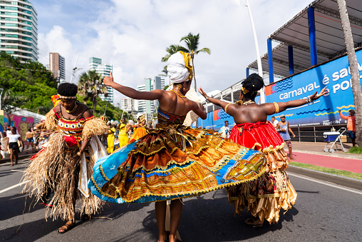 Salvador, Bahia, Brazil - February 11, 2023: Traditional African culture block performs during the Fuzue parade in Salvador, Bahia.