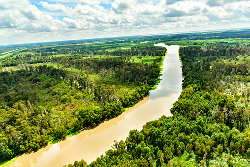 A stream tributary leading to the Mississippi River near Metarie, Louisiana shot from an altitude of about 400 feet.