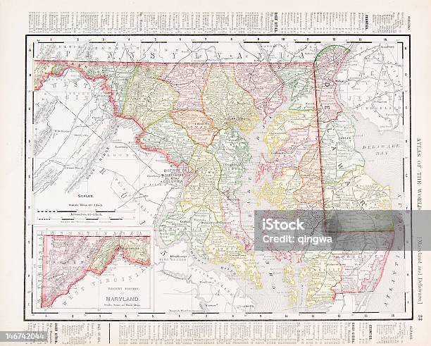 Vintage Antigo Mapa De Cores De Maryland E Delaware Eua - Arte vetorial de stock e mais imagens de Mapa