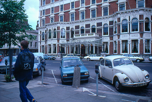 Dublin, Ireland - July 16, 1986: A tourist walked over The Shelbourne Hotel at St Stephen's Green, Dublin, Ireland.