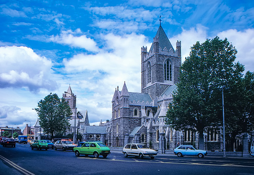Dublin, Ireland - July 16, 1986: 1980s old Positive Film scanned, Exterior view of St. Patrick's Cathedral, Dublin, Ireland.