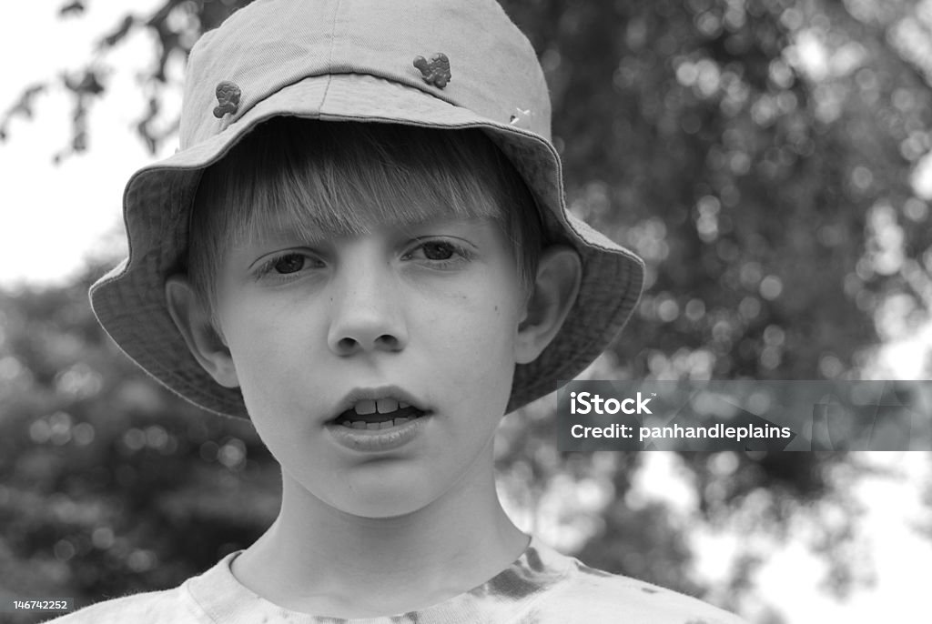 Boy In Fishing Hat Black And White Stock Photo - Download Image Now - 10-11  Years, Attitude, Boys - iStock