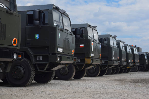 Warsaw, Poland - 15th August, 2018: Jelcz military trucks parked on a public parking. The Jelcz is a Polish bus and truck manufacturer since 1952. The vehicles from Jelcz was the most popular buses in Polish public transport from 60s to 90s. Currently Jelcz focuses on the production of military trucks and specialized vehicles.