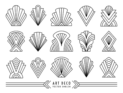 Art Deco style symbol set. Geometric outline linear design elements. EPS 10 vector illustration isolated on the white background. Editable stroke. Paths are not expanded.