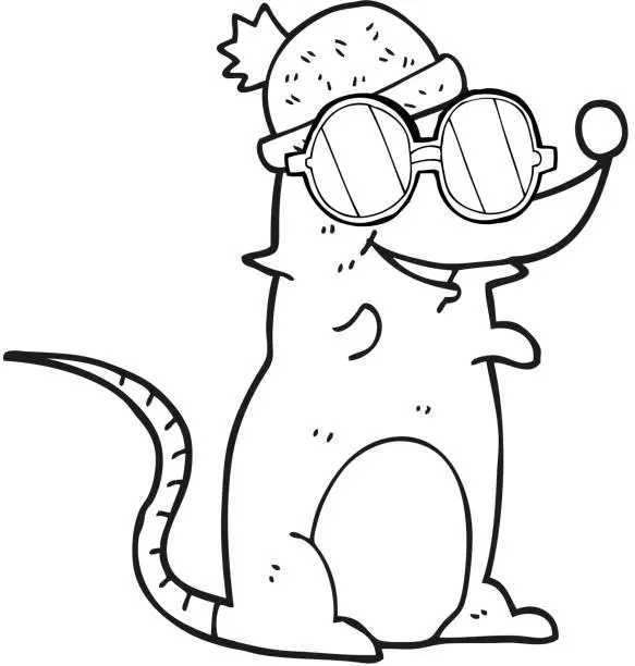 Vector illustration of freehand drawn black and white cartoon mouse wearing glasses and hat