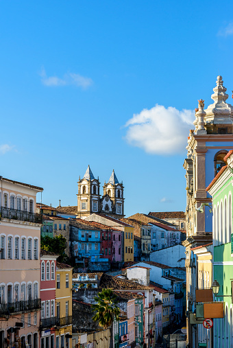 Colorful streets, houses, slopes and church in the historic district of Pelourinho in the city of Salvador in Bahia