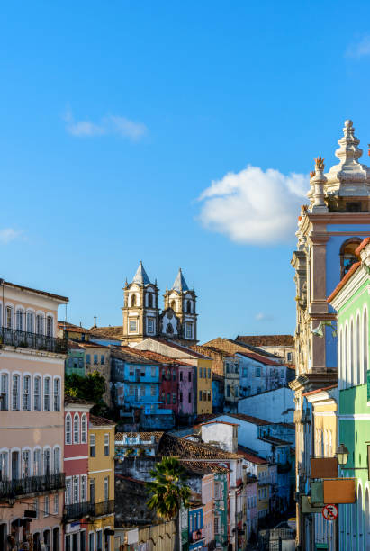 streets, houses, slopes and church in pelourinho - pelourinho imagens e fotografias de stock