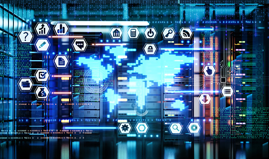 Big server room interior with computer racks and neon dashboard with business intelligence key performance indicators. International business, data analysis and security concept