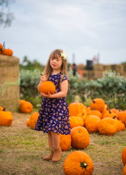 Six years old girl posing among pumpkins in Florida