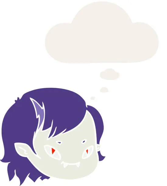 Vector illustration of cartoon vampire girl face with thought bubble in retro style