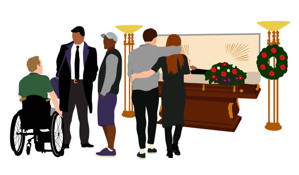 Soldiers Open Casket Small Crowd Open casket at a funeral home with friends and family gathering to pay their respect mourning illustrations stock illustrations