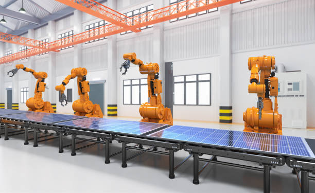 istock Automation factory with robot assembly line produce solar panels 1467445166