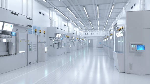 White futuristic semiconductor manufacturing factory or laboratory interior with machine and computer screen