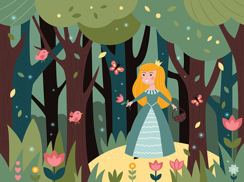 Beautiful princess in a magical forest. Woodland background. Fairy tale characters. Flat cartoon style. Vector illustration for children's book.
