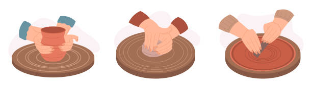 ilustraciones, imágenes clip art, dibujos animados e iconos de stock de el maestro potter esculpe hábilmente arcilla en una rueca alisando la arcilla para crear una obra maestra de vajilla perfecta - throwing wheel