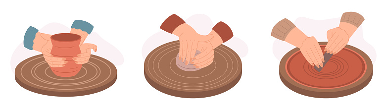 Master Potter Skillfully Sculpts Clay On A Spinning Wheel Smoothing The Clay To Create A Perfect Crockery Masterpiece, Vase, Pot or Jug Isolated on White Background. Cartoon Vector Illustration