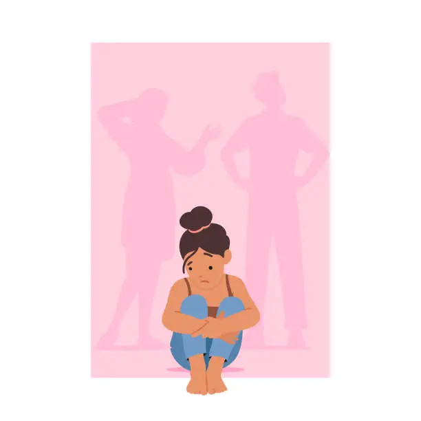 Vector illustration of Little One Tearfully Witnesses Parents' Marital Troubles. Family Conflict, Separation Anxiety, Childhood Trauma Concept