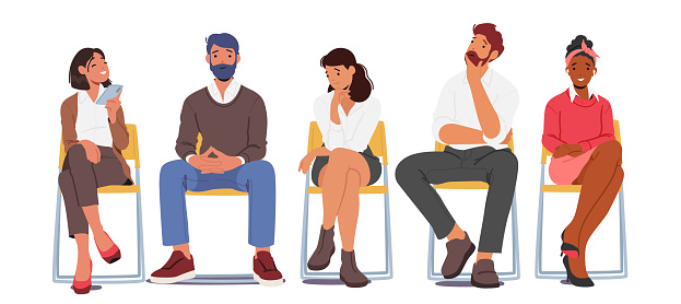 People Sitting On Chairs Isolated White Background. Male and Female Characters With Different Facial Expression and Hand Gestures. Corporate, Business, Educational Concept. Cartoon Vector Illustration