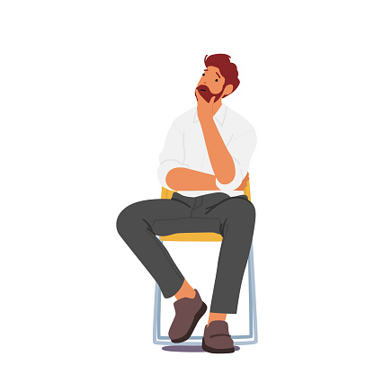 Man With Serious Expression Sitting On Wooden Chair Looks Pensive And Reflective. Middle-aged Male Character Thinking Search Solution Isolated On A White Background. Cartoon People Vector Illustration