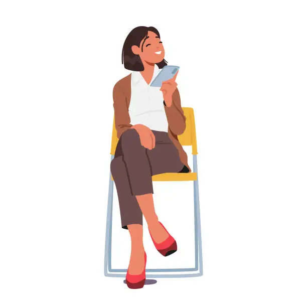Vector illustration of Female Character Sitting On Chair with Smartphone in Hands Isolated On White Background. Business, Technology