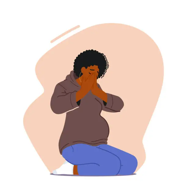 Vector illustration of Pregnant Woman Crying Sitting on Floor. Sad Female Character in Vulnerable State Shedding Tears Vector Illustration