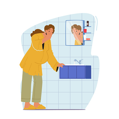 Pregnant Woman In Early Stages Of Pregnancy Experiencing Nausea and Intense Feeling Of Discomfort And Uneasiness Caused By Morning Sickness Standing In Bathroom. Cartoon People Vector Illustration