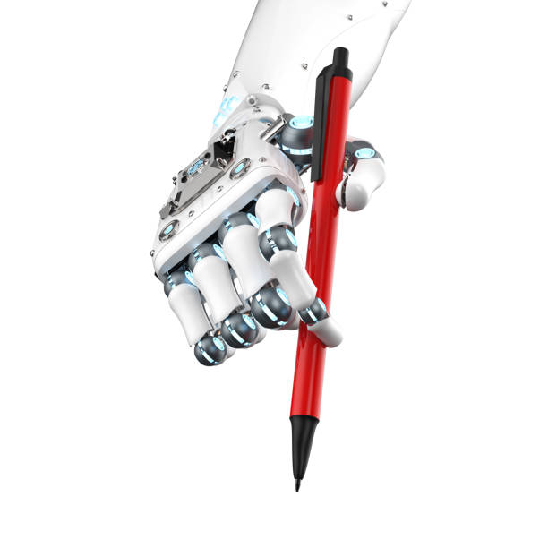 istock Ai art generator with robot writing assistant or essay generator hand hold pen 1467446699