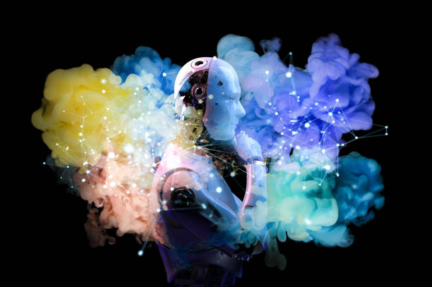 Ai power robot in metaverse colorful cloud stock photo
