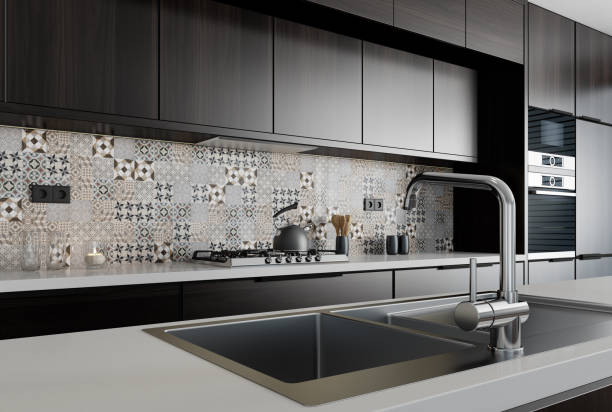 istock Modern minimalist kitchen with long island. Backsplash in focus. 1467450230
