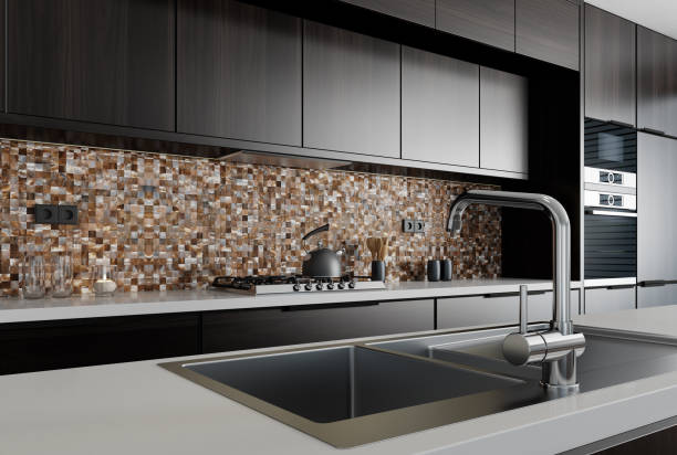 istock Modern minimalist kitchen with long island. Backsplash in focus. 1467450233