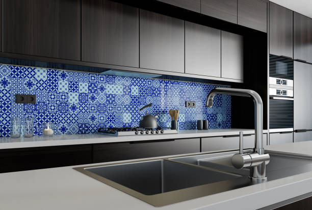 istock Modern minimalist kitchen with long island. Backsplash in focus. 1467450242