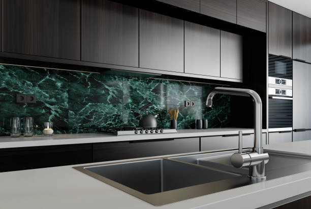 istock Modern minimalist kitchen with long island. Backsplash in focus. 1467450271