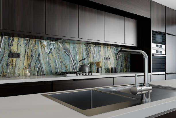 istock Modern minimalist kitchen with long island. Backsplash in focus. 1467450287