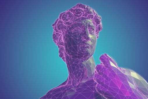 3D rendered classic sculpture Metaverse avatar with network of low-poly glowing purple lines. Machine learning and artificial intelligence concept. Animated 3D NFT artwork example. Web 3.0 technology background.