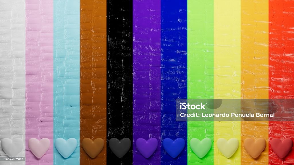 hearts on multi-colored wall, diversity representation hearts on multi-colored wall, diversity representation, 3d illustration Pride Stock Photo