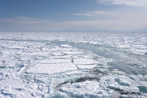Hokkaido,Japan - February 15, 2023: Drift ice in the offing of the Abashiri port, Hokkaido, Japan