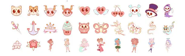 Vector illustration of Isolated color cute kawaii tattoo set vector illustration