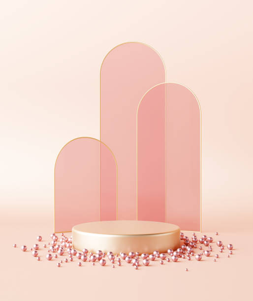 Circle podium, backdrop golden arches and pink clear glass, pearl pink gold luxury elegant valuable. Pedestal display cosmetics beauty product or skincare female ad premium hi-end. 3D Illustration. podio circular, telón de fondo arcos dorados y vidrio transparente rosa, lujo de oro rosa perla elegante valioso. pedestal display cosméticos producto de belleza o cuidado de la piel femenino anuncio premium de alta gama. ilustración 3d.