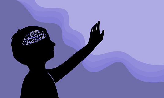 Silhouette of a child boy in mental health children awareness concept, flat vector illustration.