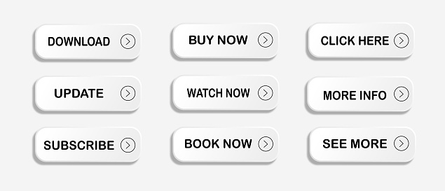 Set of vector modern trendy buttons. Read more, learn more, buy now, download, watch now, book more button set. Web design elements. Vector illustration