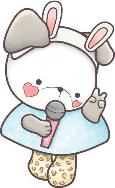 Kawaii musician, dog singing into a microphone Pastel coloured kawaii K-pop band dog design. Cute cartoon dog singing into a microphone korea singer stock illustrations