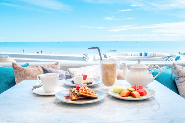 Beautiful morning on beach of beachfront hotel breakfast