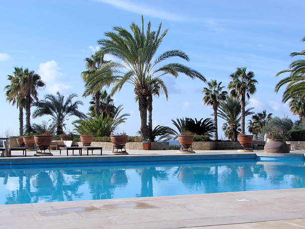 Ayia Napa, Cyprus - July 16th 2023:  The swimming pool of the Amethyst hotel and spa
