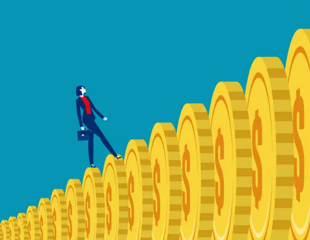 Vector illustration of Walk up coins that grow. Business investor vector illustration