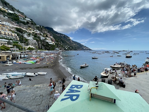 Looking over the picturesque and most famous Grand beach on the free side where you don't have to pay to sit on the beach in  Positano.